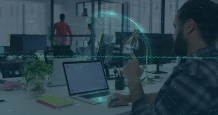 Image of financial data processing over business people in office. Global business, finance,...