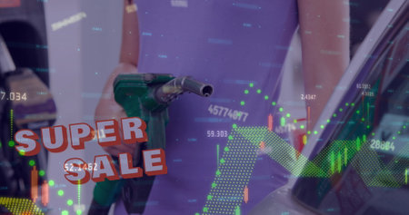 Image of super sale text and data processing over caucasian woman fueling car at gas station. Global finances, transport and sale concept digitally generated image.の写真素材