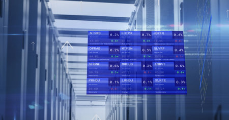 Image of computer servers, arrows and financial data processing. Global business, finances,...