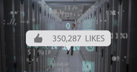 Image of thumbs up icon, likes text in message bar, caucasian man looking at server racks. Digital composite, multiple exposure, business, notification, technology and network server concept.の写真素材