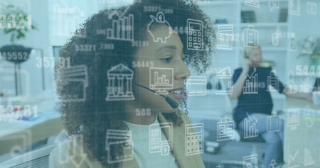 Image of graphs, loading bars and circles, biracial call center agent female guiding customer....