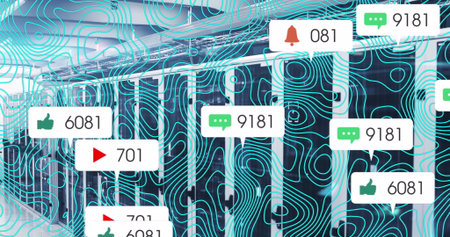 Image of icon and changing numbers in message boxes over abstract pattern on server room. Digital...