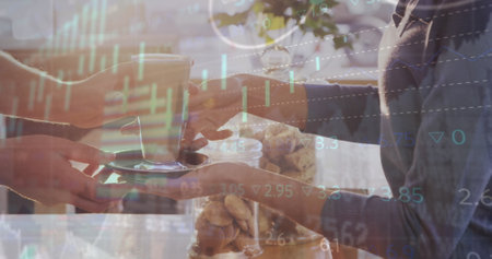 Image of data processing over mid section of a woman taking a coffee at a cafe. Business data technology conceptの写真素材