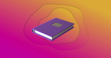 Image of purple notebook education and school icon over pink to yellow waving background. Global education, school and learning concept digitally generated image.の写真素材