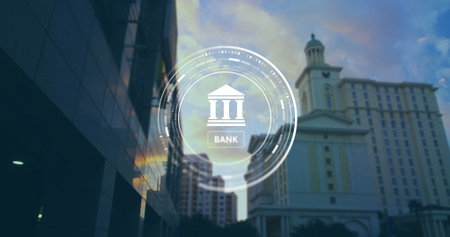 Image of financial data processing over cityscape. Global finance, business, connections, computing and data processing concept digitally generated image.の写真素材