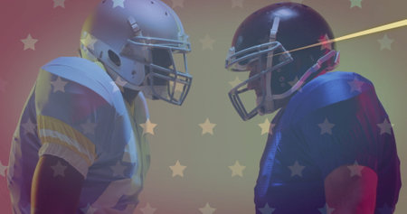 Image of diverse american football players and flag of usa. American patriotism, sports and competition concept digitally generated image.の写真素材