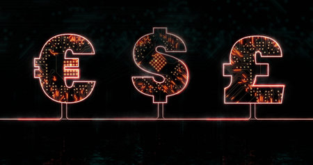 Image of currency signs with circuit board and data processing over black background. Global finance, business, connections, computing and data processing concept digitally generated image.の写真素材