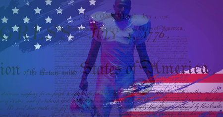 Image of african american american football player and flag of usa. American patriotism, sports and competition concept digitally generated image.の写真素材
