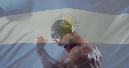 Image of flag of argentina over caucasian male swimmer. Sport, flags and digital interface concept digitally generated image.の写真素材