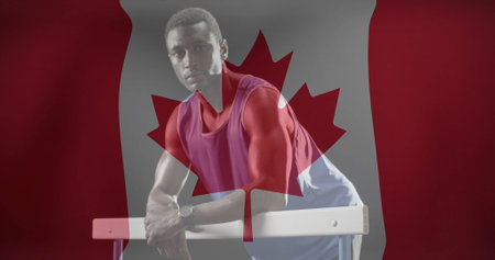 Image of flag of canada over biracial sportsman leaning on bar. Sport, flags and digital interface concept digitally generated image.の写真素材