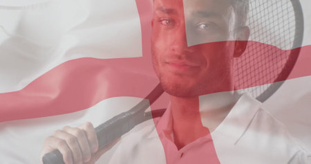 Image of flag of england over caucasian male tennis. Global sports, competition and patriotism concept digitally generated image.の写真素材