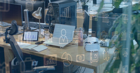 Image of business icons and data processing over computer on office desk. Global finance, business, connections, computing and data processing concept digitally generated image.の写真素材