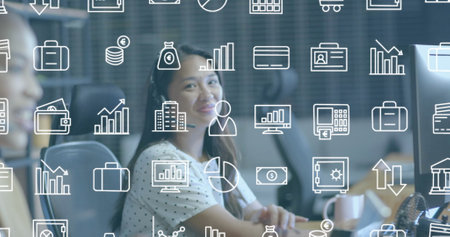 Image of financial data processing over biracial businesswoman in office. Global finance, business, connections, computing and data processing concept digitally generated image.の写真素材