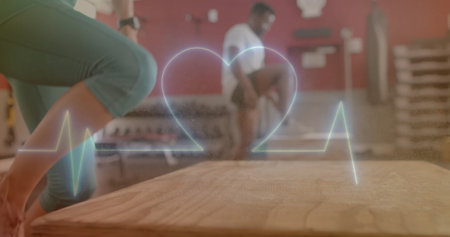 Image of data processing over diverse man and woman exercising in gym. Sports, active lifestyle and data processing concept digitally generated image.の写真素材