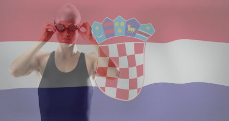 Image of flag of croatia over caucasian female swimmer. Global sports, sport disciplines and flags concept digitally generated image.の写真素材