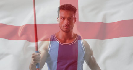 Image of flag of england over caucasian male javelin thrower. Global sports, competition and patriotism concept digitally generated image.の写真素材