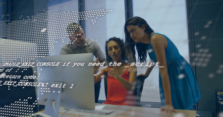Image of data processing over diverse business people in office. Global finance, business,...