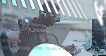 Image of globe with data processing over african american businessman in office. Global finance, business, connections, computing and data processing concept digitally generated image.の写真素材