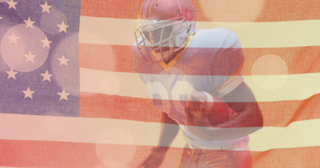 Image of caucasian american football player and flag of usa. American patriotism, sports and...