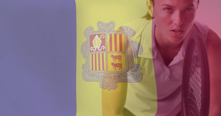 Image of flag of andorra over caucasian female tennis player. Sport, flags and digital interface concept digitally generated image.の写真素材