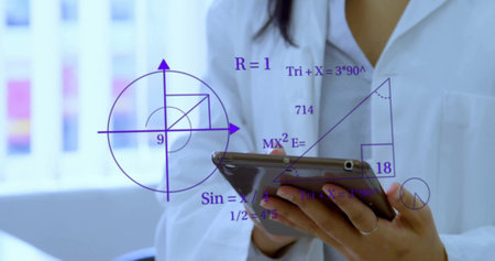 Image of scientific data processing over biracial female scientist in laboratory. Global science,...
