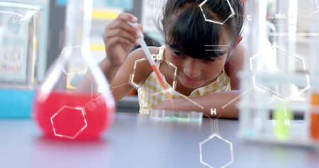 Conducting science experiment, child with beakers and test tubes, image over. laboratory, education, learning, chemistry, discovery, curiosityの写真素材