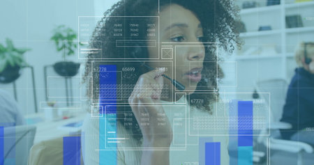 Image of graphs, loading bars and circles, biracial call center agent female guiding customer. Digital composite, multiple exposure, report, business, customer service and support concept.の写真素材