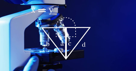 Image of scientific data processing over microscope in laboratory. Global science, connections,...