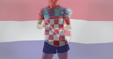 Image of flag of croatia over caucasian female athlete. Global sports, sport disciplines and flags concept digitally generated image.の写真素材