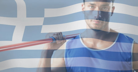 Image of flag of greece over biracial male athlete. Global sports, sport disciplines and flags concept digitally generated image.の写真素材