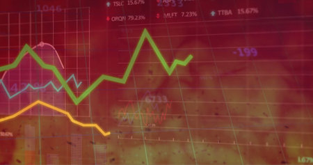 Image of financial data processing over flames. Global finance, business, connections, computing and...