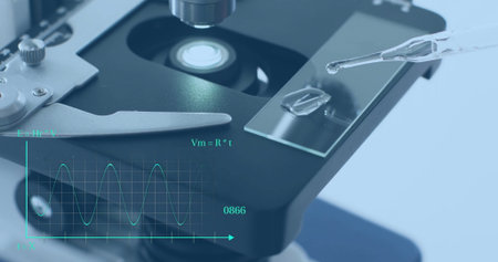 Image of scientific data processing over microscope. Global science, connections, computing and data...