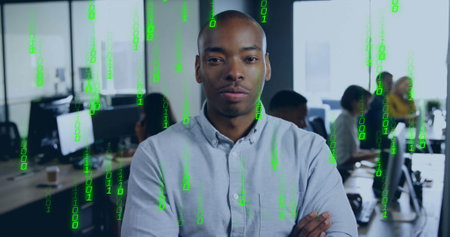 Image of binary coding data processing over diverse business people in office. Global finance, business, connections, computing and data processing concept digitally generated image.の写真素材