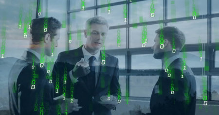 Image of binary coding data processing over diverse business people in office. Global finance,...