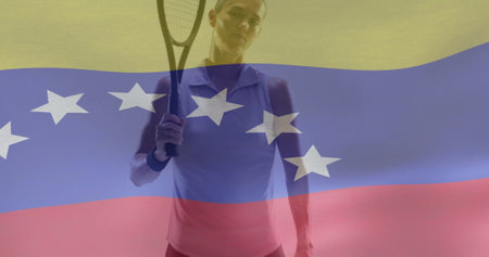 Image of flag of venezuela over caucasian female tennis player. Global sports, sport disciplines and flags concept digitally generated image.の写真素材