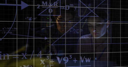 Image of scientific data processing over caucasian female it technician by servers. Global science, connections, computing and data processing concept digitally generated image.の写真素材