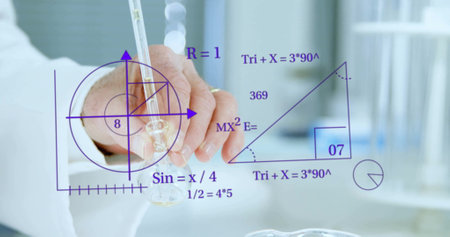 Image of scientific data processing over caucasian female scientist in laboratory. Global science,...