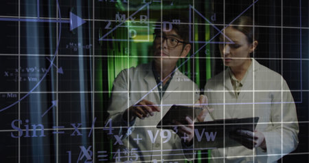 Image of scientific data processing over diverse it technicians by servers. Global science,...
