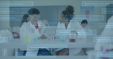 Image of ai data processing over diverse students in laboratory. Artificial intelligence, education, connections, computing and data processing concept digitally generated image.の写真素材