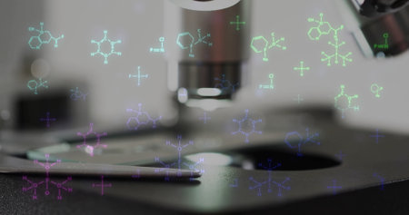 Image of scientific data processing over microscope in laboratory. Global science, connections, computing and data processing concept digitally generated image.の写真素材