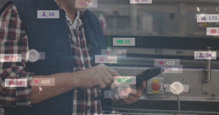 Interacting with tablet, man surrounded by social media notifications image. Technology, digital,...