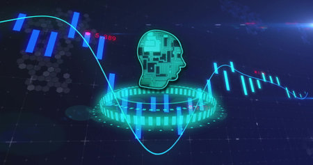 Image of financial data processing over head with circuit board on dark background. Global finance,...