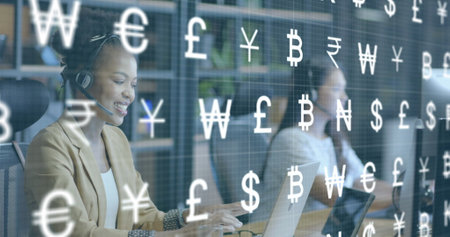 Image of currency and data processing over diverse businesswomen in office. Global finance, business, connections, computing and data processing concept digitally generated image.の写真素材