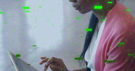 Image of binary coding data processing over diverse business people in office. Global finance,...
