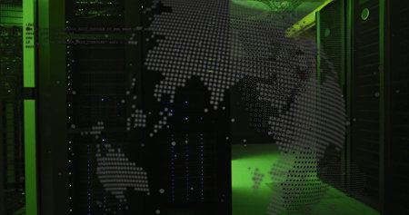 Image of globe and data processing over server room. Global business, technology and digital...