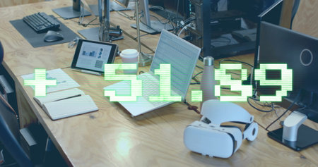 Image of financial data processing over computer on office desk. Global finance, business,...