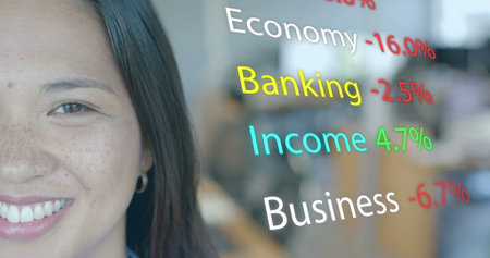 Image of financial data processing over biracial businesswoman in office. Global finance, business, connections, computing and data processing concept digitally generated image.の写真素材