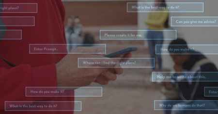 Image of ai text and data over biracial female student in hijab with smartphone. Global artificial...