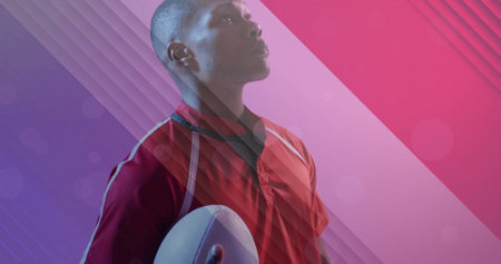 Image of flag of france over african american male rugby player with ball. Sports, competition and active lifestyle concept digitally generated image.の写真素材
