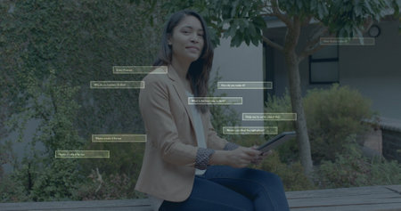 Image of ai data processing over biracial woman using tablet in school. Artificial intelligence,...